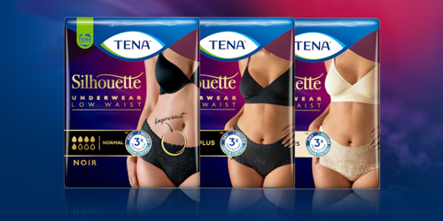TENA Silhouette underwear packs, shown in three varieties. TENA Silhouette underwear packs, shown in three varieties.